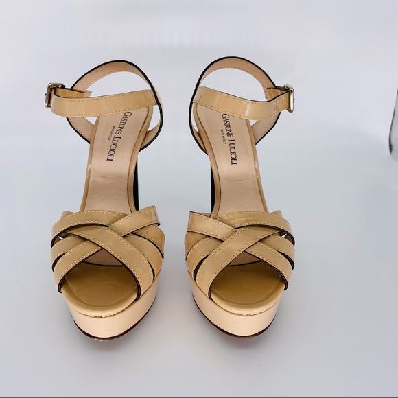 Gaston Lucioli Sandals Platforms and 5” Heels Tan Patent Leather Size 8 - Picture 9 of 14